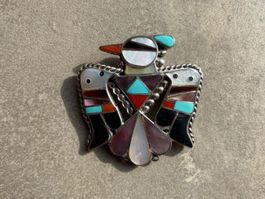 B & C Shack. Pendantif, broche Zuni. Argent pierres multiple