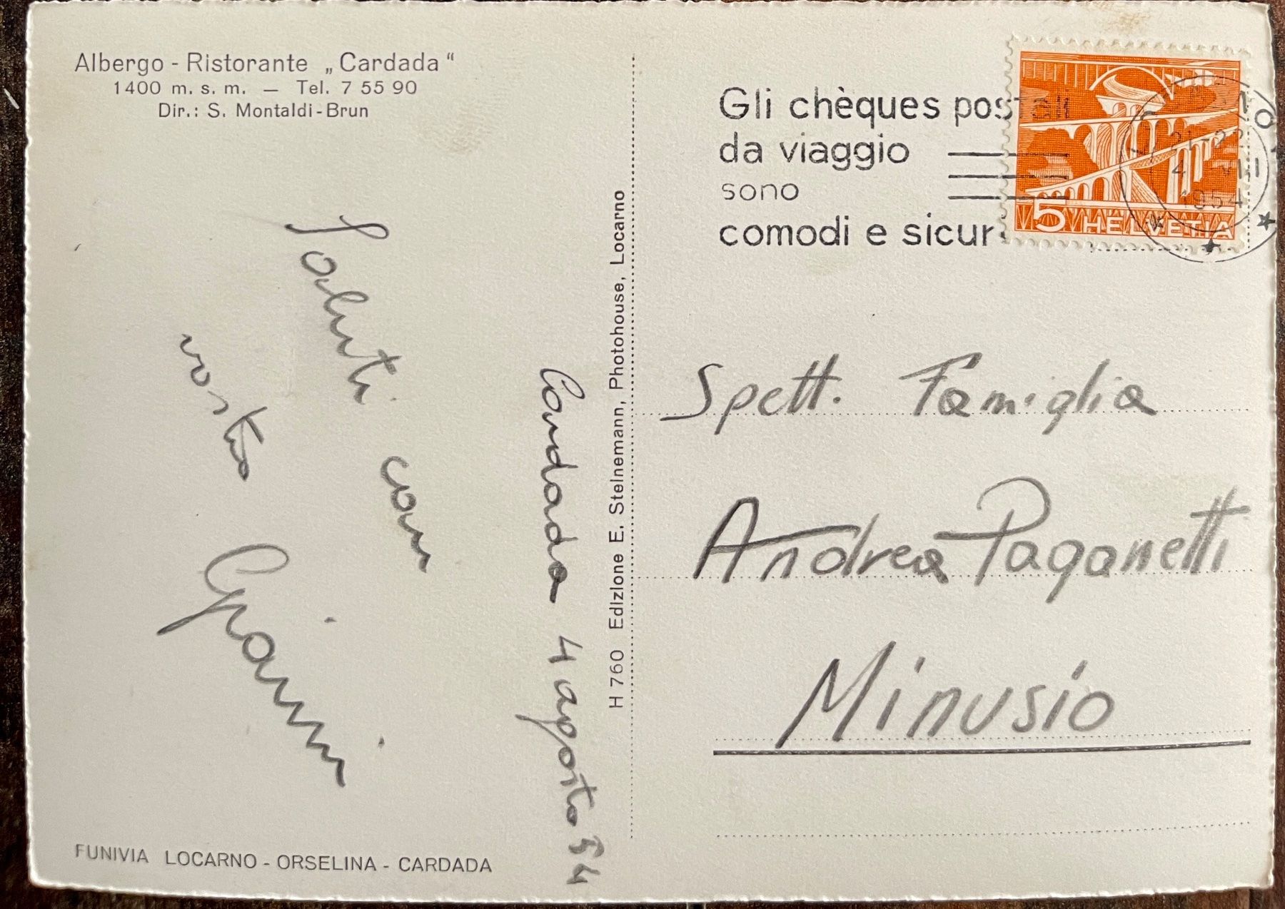 Cartoline postali: CARDADA - ALBERGO - RISTORANTE 1954 – Usato da Lutry venduto da Ediego 1