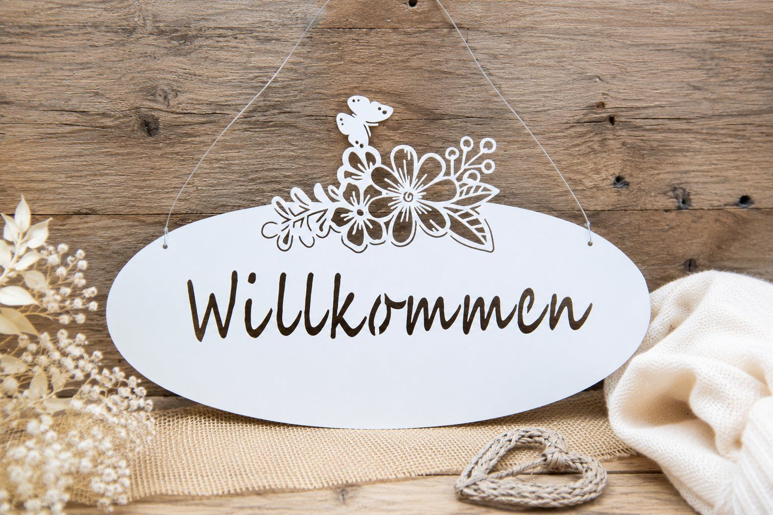 Tutte le decorazioni: Willkommensschild mit Blumen & Schmetterling – Usato da Unterentfelden venduto da mag-images
