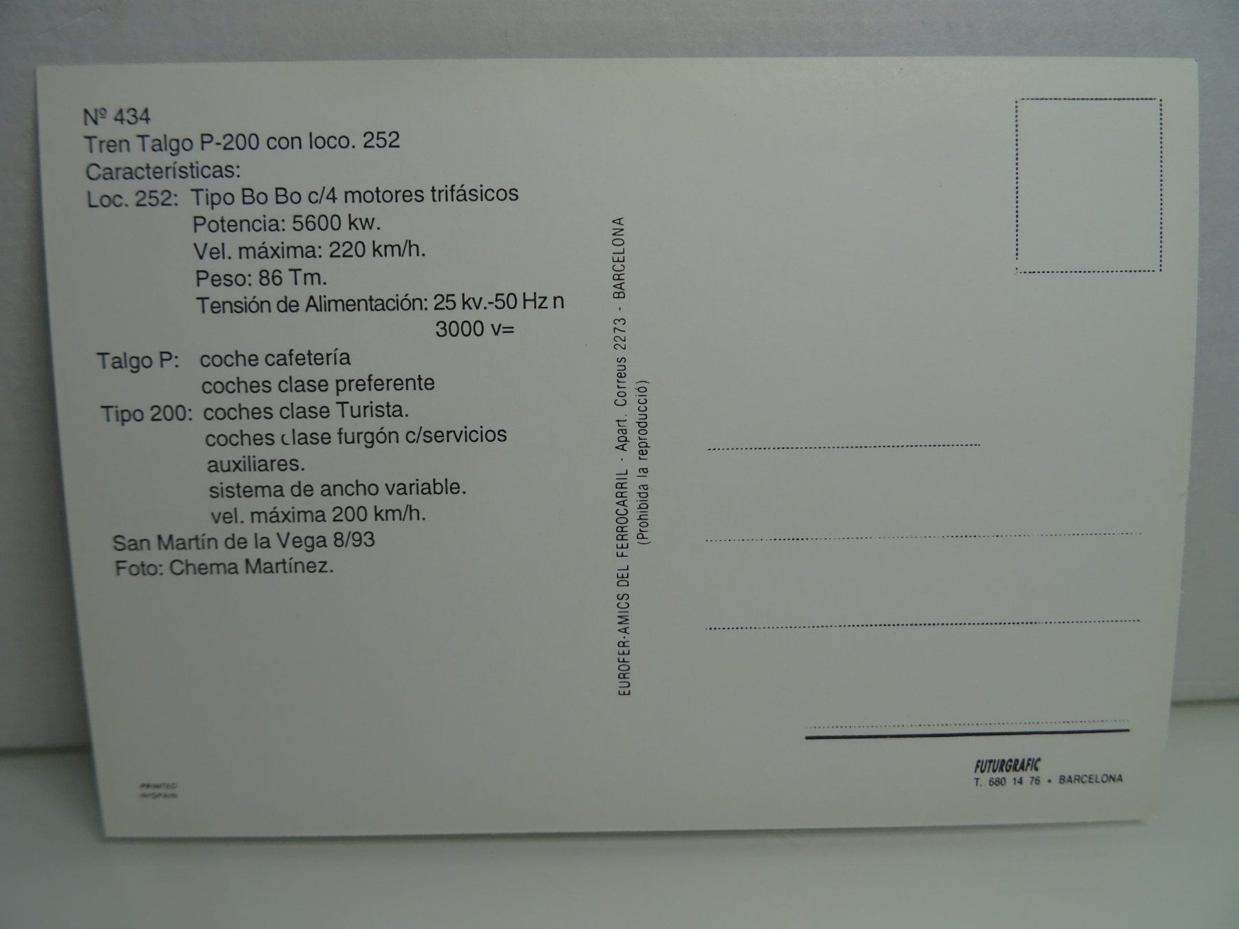 Cartoline postali: Postkarte Spanische RENFE E-Lok 252 Talgo P 200 1993 – Usato da Teufen AR venduto da Brandan2171 1