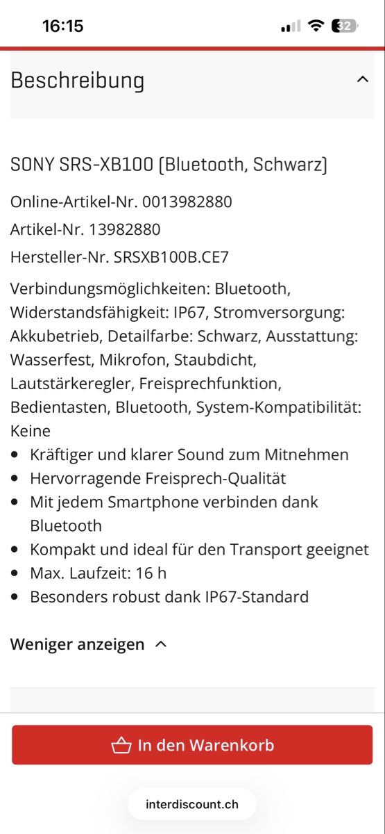 Sony Haut-parleurs: SONY SRS-XB100 Wireless Speaker Bluetooth Schwarz Neu – Neuf avec emballage d'origine à Niederweningen par Kanzy168 2