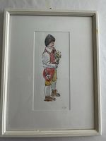 Gerahmtes Aquarell, Junge mit Blumen, signiert WS