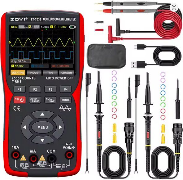 Produktbild von Hand Oszilloskop Multimeter, 3 In 1 Zweikanal LCD Digitalanzeige Oszilloskop  Signalgenerator Mit 10 Facher Sonde, 50 MSa/s Abtastrate, Spannung, Strom, Kondensator, Widerstand