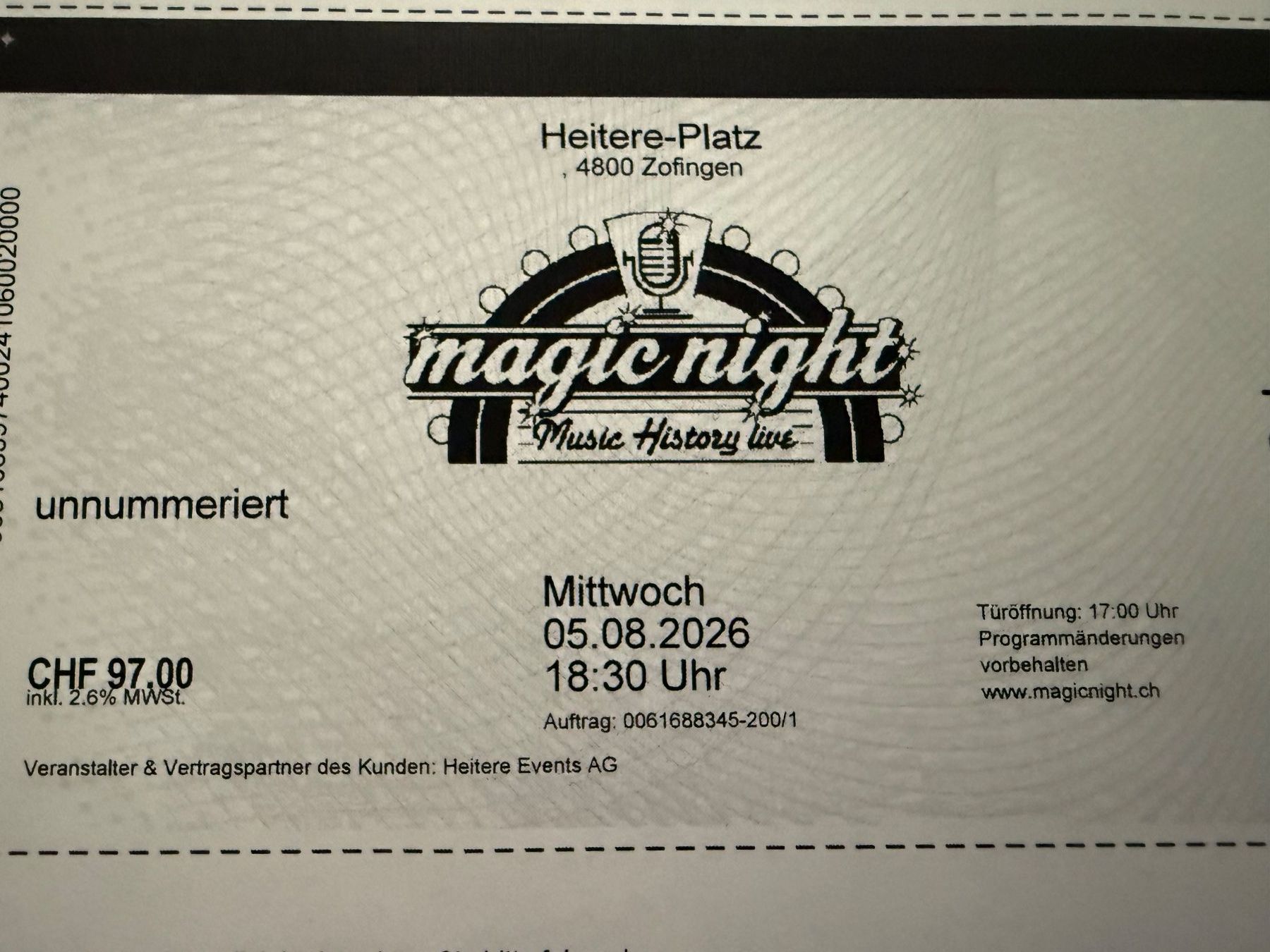 Biglietti: 2 Tickets Magic Night 2026 am 5.8.2026 – Nuovo (secondo la descrizione) da Bülach venduto da Murphy6