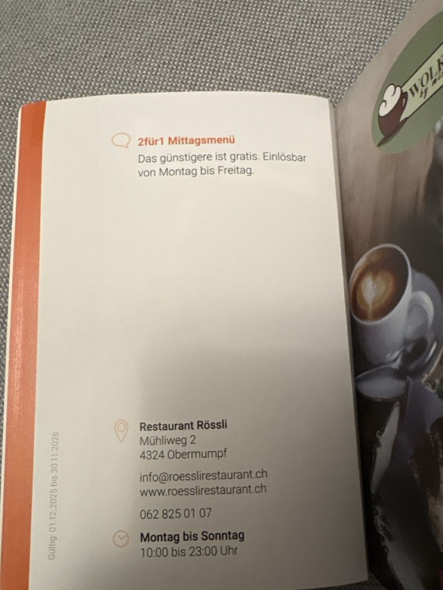 Buoni: Bon 2 pour 1 menu de midi – Nuovo (secondo la descrizione) da Düdingen venduto da Yellow 1