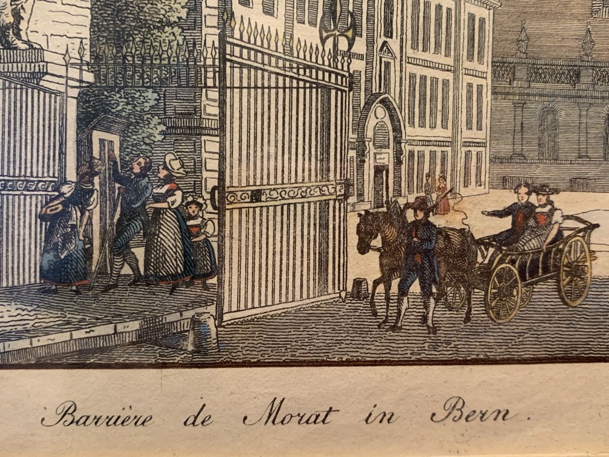Incisioni: Vue de la barrière de Morat à Berne. – Usato da Veytaux venduto da Latourelle 1