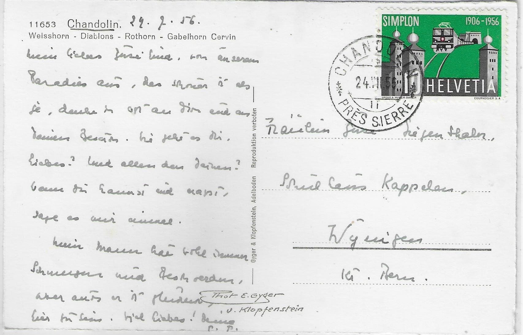 Cartoline postali: Chandolin - Photo: E. Gyger – Usato da Ettingen venduto da Kartenplanet 1