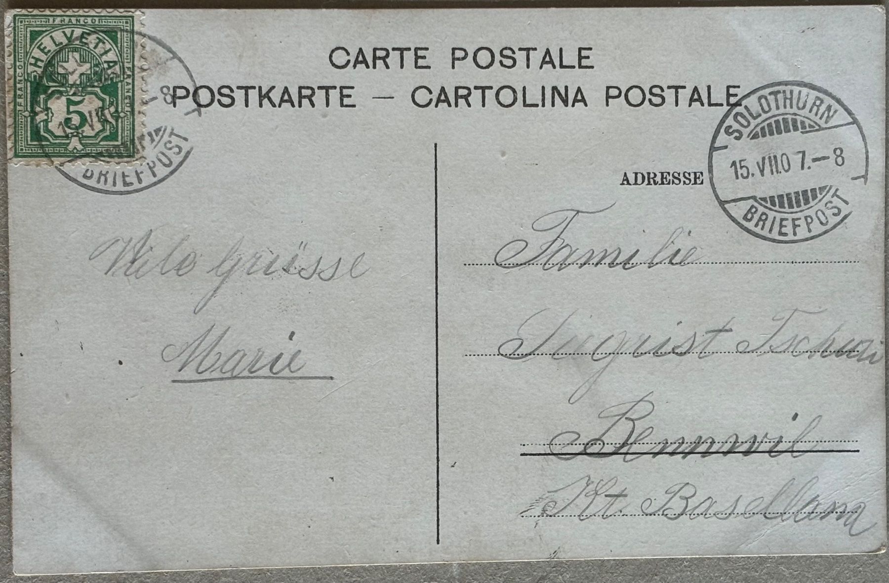 Ansichtskarten: Ermitage St. Verena bei Solothurn, 1907 – Gebraucht aus Frauenfeld von Merk52 1