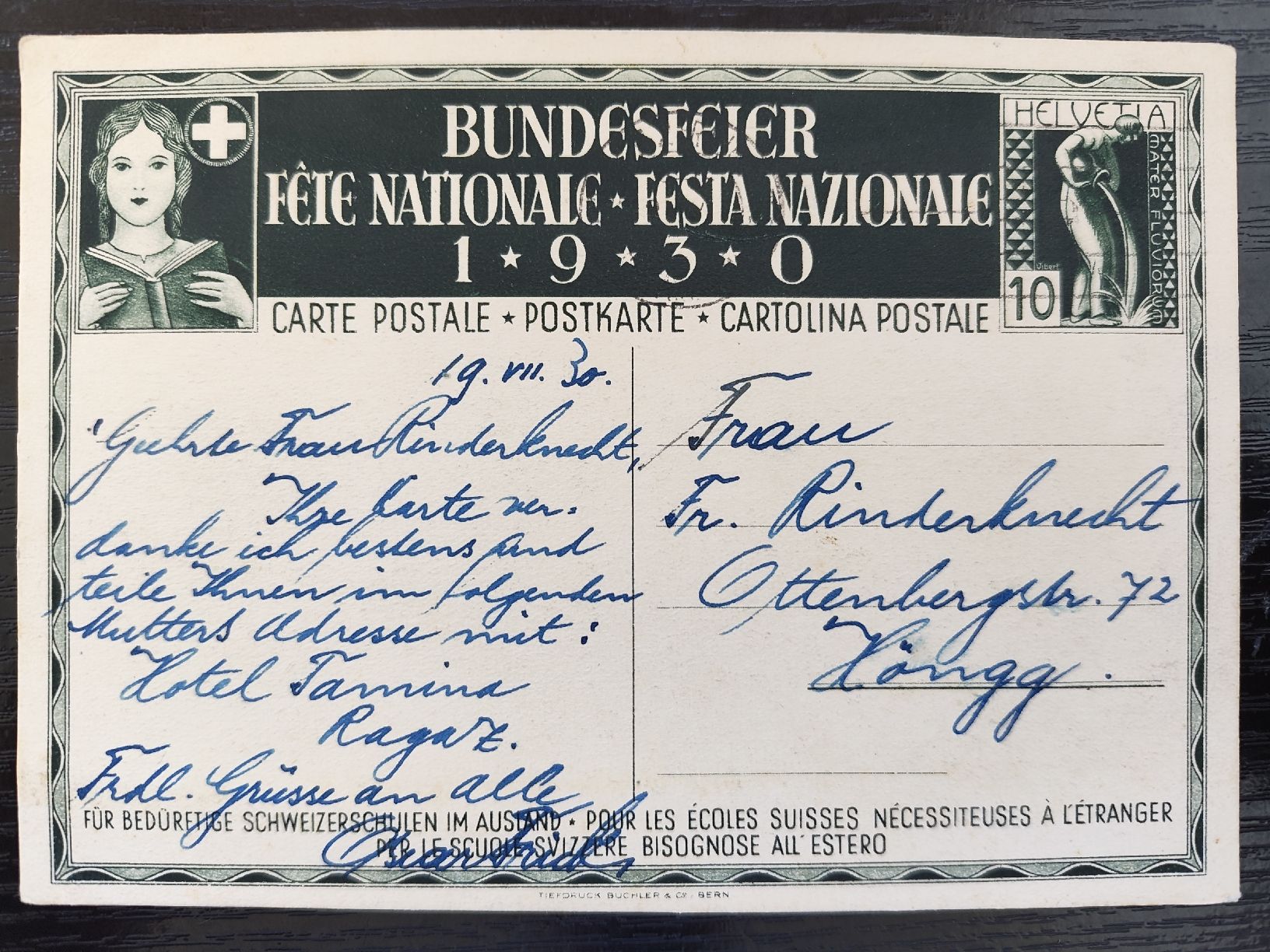 Cartoline postali: Bundesfeier Postkarte 1930 – Usato da Au ZH venduto da w5studer 1