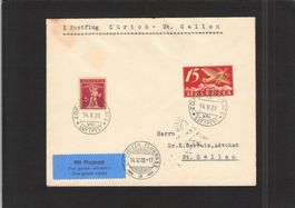1 Postflug Zürich h - St.Gallen, RF 28,5 b Kat 250.-,14.V.28