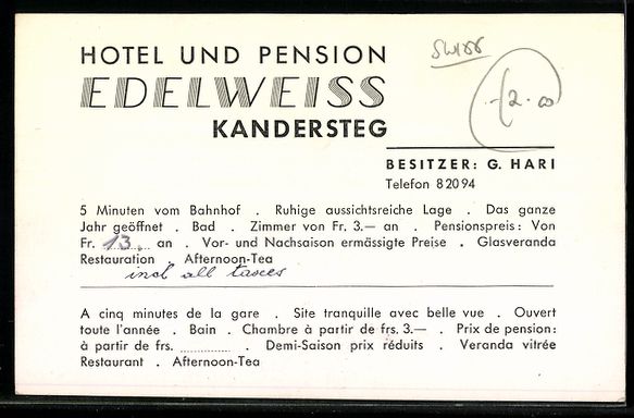 Ansichtskarten: Kandersteg, Hotel und Pension Edelweiss – Gebraucht aus Berlin von bartko-reher 1