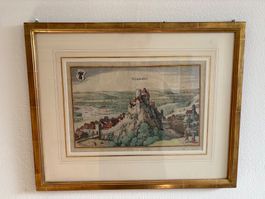 Kolorierter Kupferstich v. Burg Münchenstein/BL