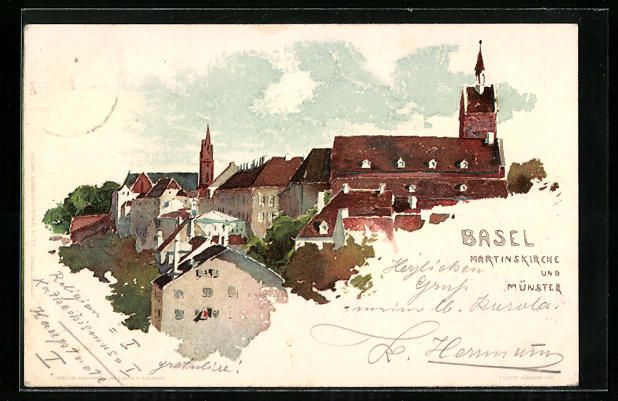 Cartoline postali: Litho Basel, Martinskirche und Münster – Usato da Berlin venduto da bartko-reher