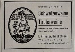 Vintage Reklame, Klingler Bischofszell, Weine, 1934