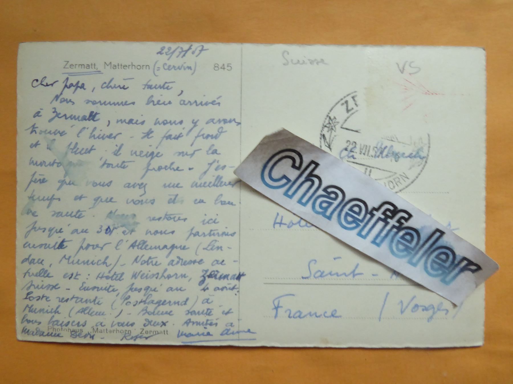 Ansichtskarten: 1957 Zermatt, Matterhorn – Gebraucht aus Zürich von Chaeffeler 1