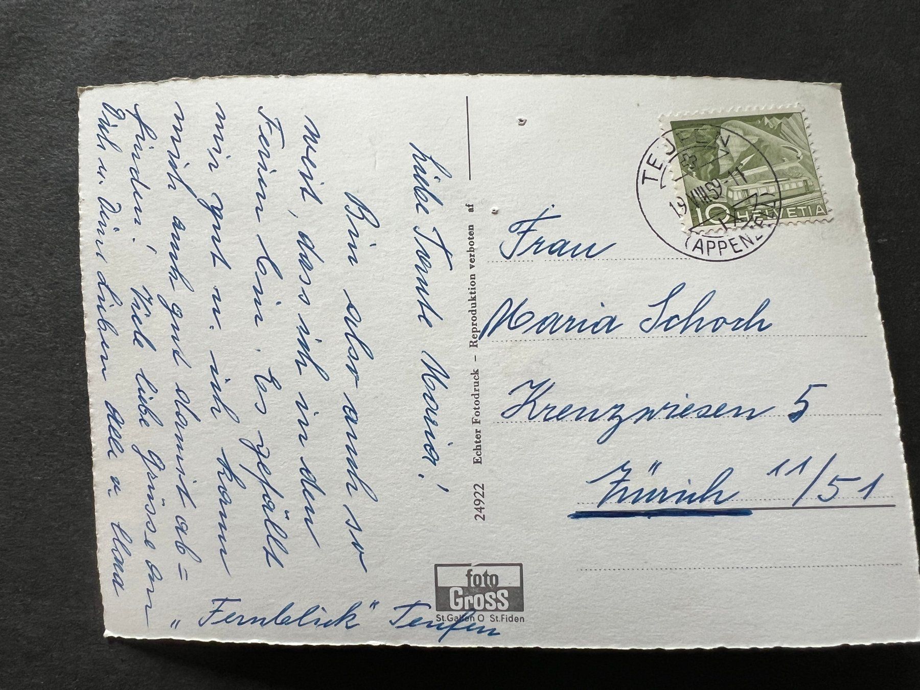 Ansichtskarten: Ansichtskarte Teufen1959  (M182) – Gebraucht aus Hinwil von Sidi4 1