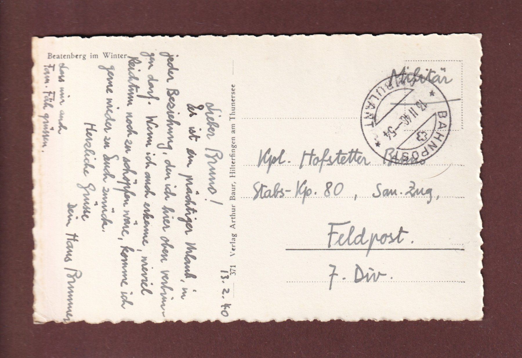Cartoline postali: BEATENBERG im Winter - 1946 Feldpost – Usato da Pully venduto da nicecards 1