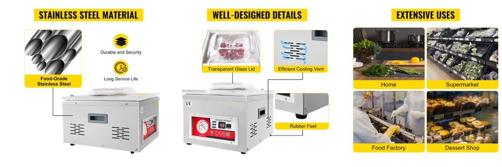 VEVOR Kammer-Vakuumierer DZ-260A | 180W, 6,5 M³/h, Edelstahl | Mit 60 Beuteln, Für Lebensmittel, Haushalt, Supermärkte