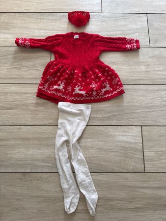 Weihnachts Strickkleid  mit Zubehör, 18-24 Mt 92-98
