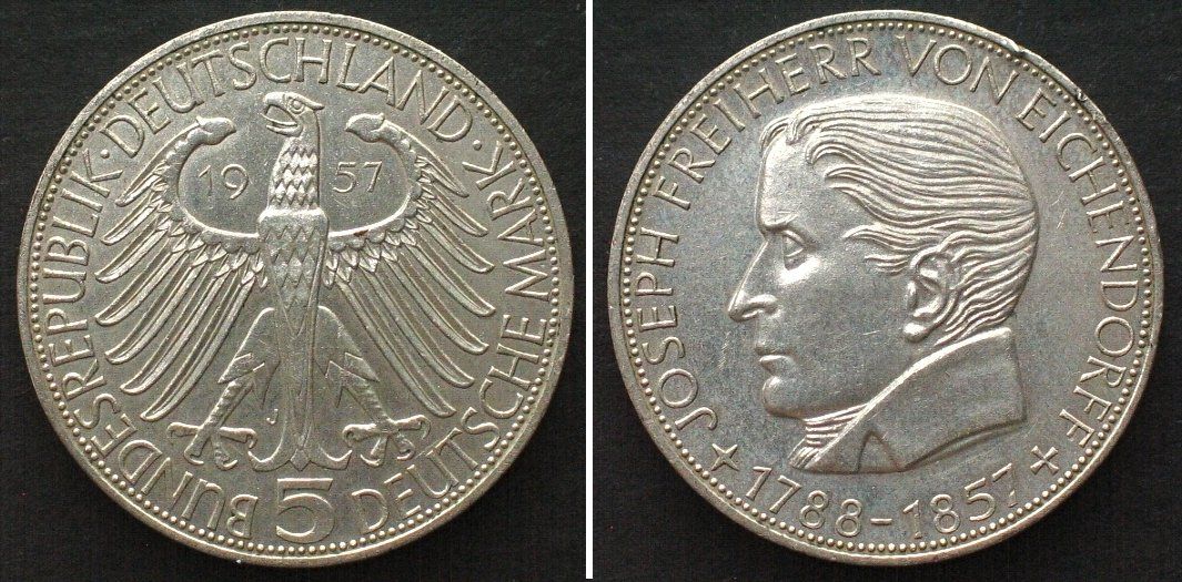Tutti le monete: BRD 5 Mark 1957 J, EICHENDORFF, J.391 Silber unz- – Usato da Riehen venduto da sesambestcoins2004