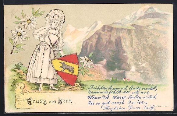 Cartoline postali: Schweiz, Schweizerin in Tracht mit Wappe – Usato da Berlin venduto da bartko-reher