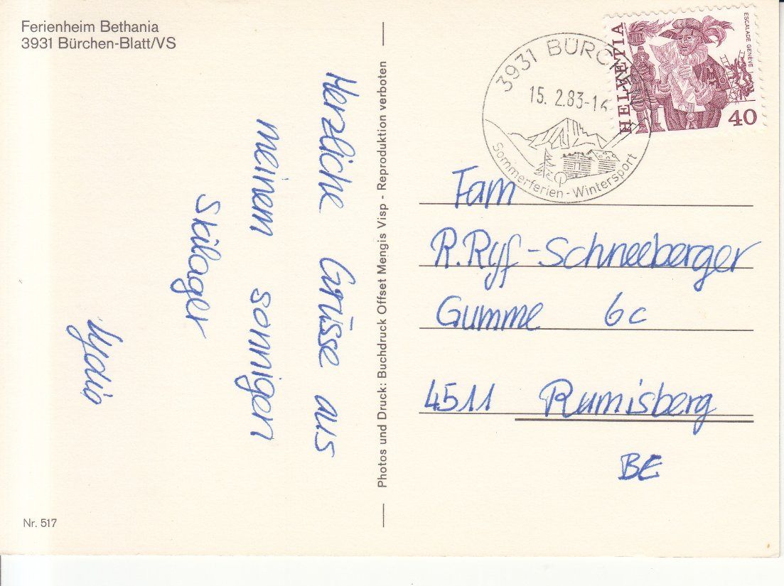 Cartoline postali: Bürchen Bethania 1983 – Usato da Bürglen TG venduto da StampGraf 1
