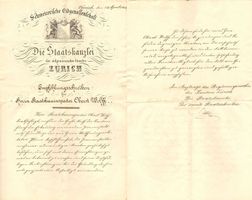 Urkunde Empfehlungsschreiben Zürich Oberst Wolff 1864
