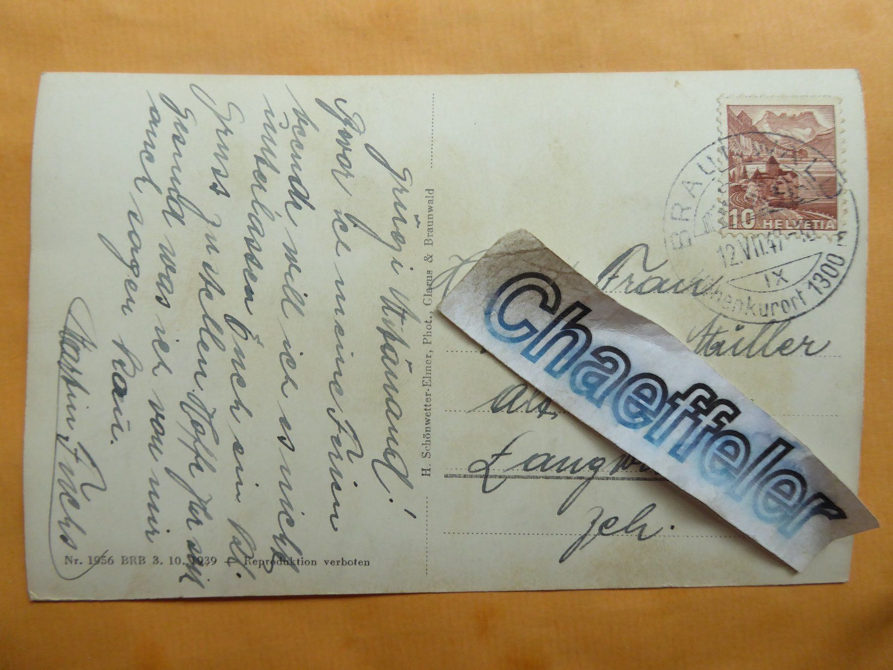 Cartoline postali: 1917  1185 Braunwaldterrasse mit Glärnisch – Usato da Zürich venduto da Chaeffeler 1
