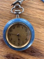 Antike Taschenuhr mit Kette blau Emaille Dekor