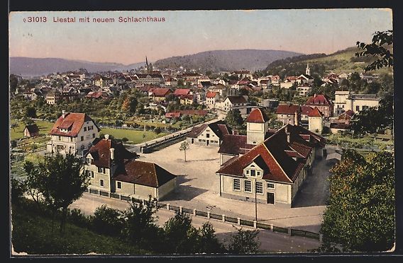 Cartoline postali: Liestal, Ortsansicht mit neuem Schlachth – Usato da Berlin venduto da bartko-reher