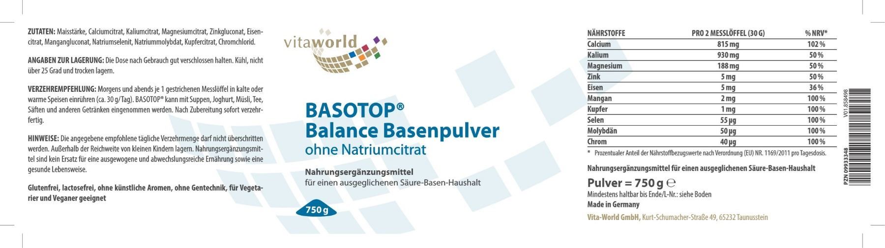 Alimentazione, Vitamine & Minerali: Basotop Basenpulver 750g natriumfrei – Nuovo e nell'imballaggio originale da Tiefenbach venduto da nhp-bedarf 1