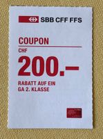 SBB GA 2. Klasse Gutschein CHF 200.- Rabatt Coupon (31.05.)
