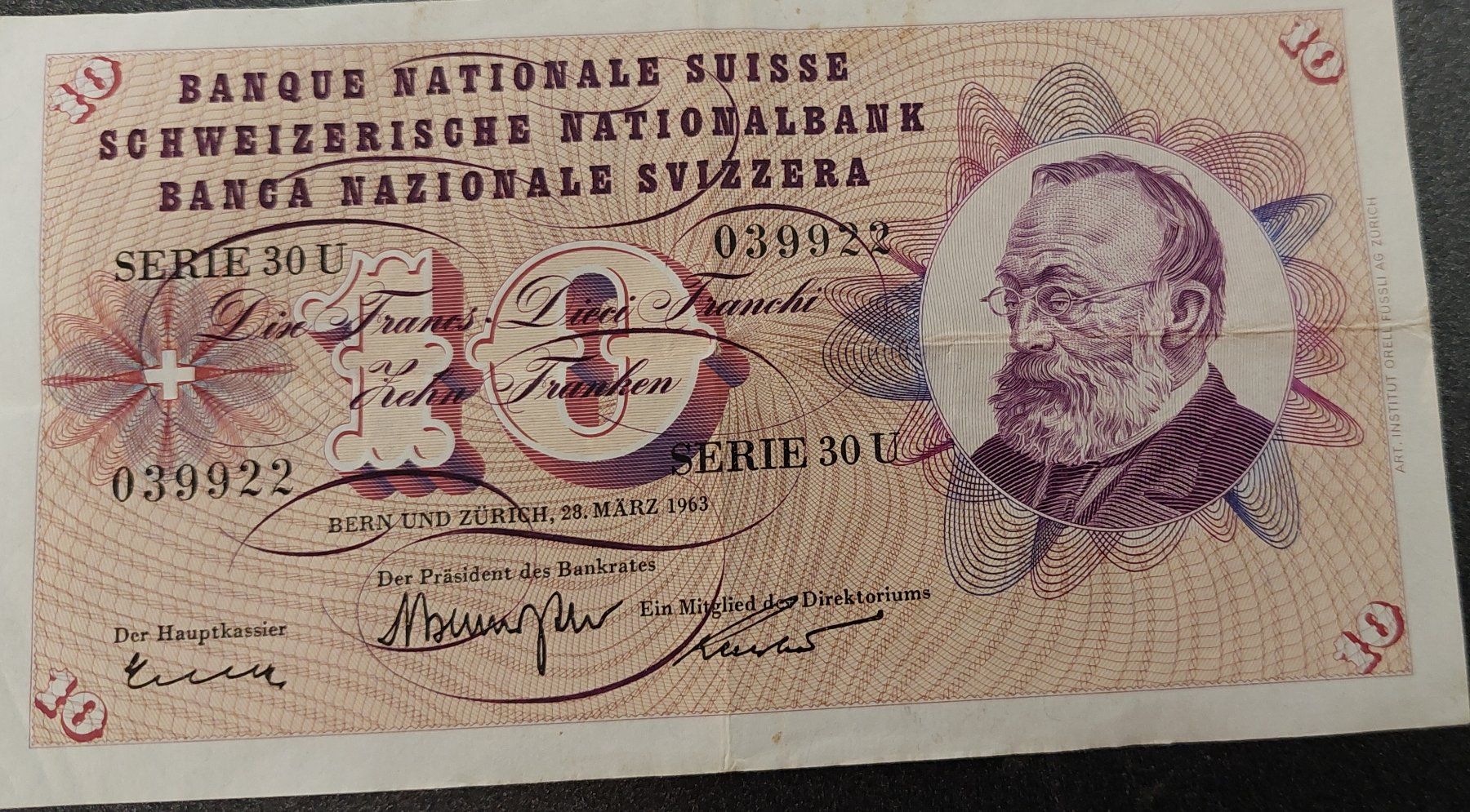 Banconote: alte Zehnernote Gottfried Keller, Jg. 1963 – Usato da Egliswil venduto da chroetli22