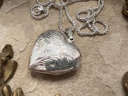 XL Herz Amulett Medaillon 925 Sterling Silber ziseliert
