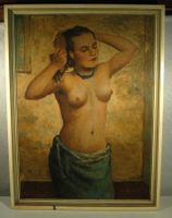 Hans Schaefer Frau mit Haarbürste Oel auf Pavatex