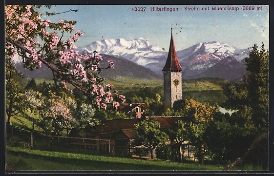 Cartoline postali: AK Hilterfingen, Kirche mit Blüemlisalp – Usato da Berlin venduto da bartko-reher