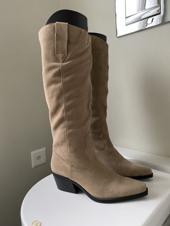Stylish Suede Cowboy Boots, Knee-High, Beige 2