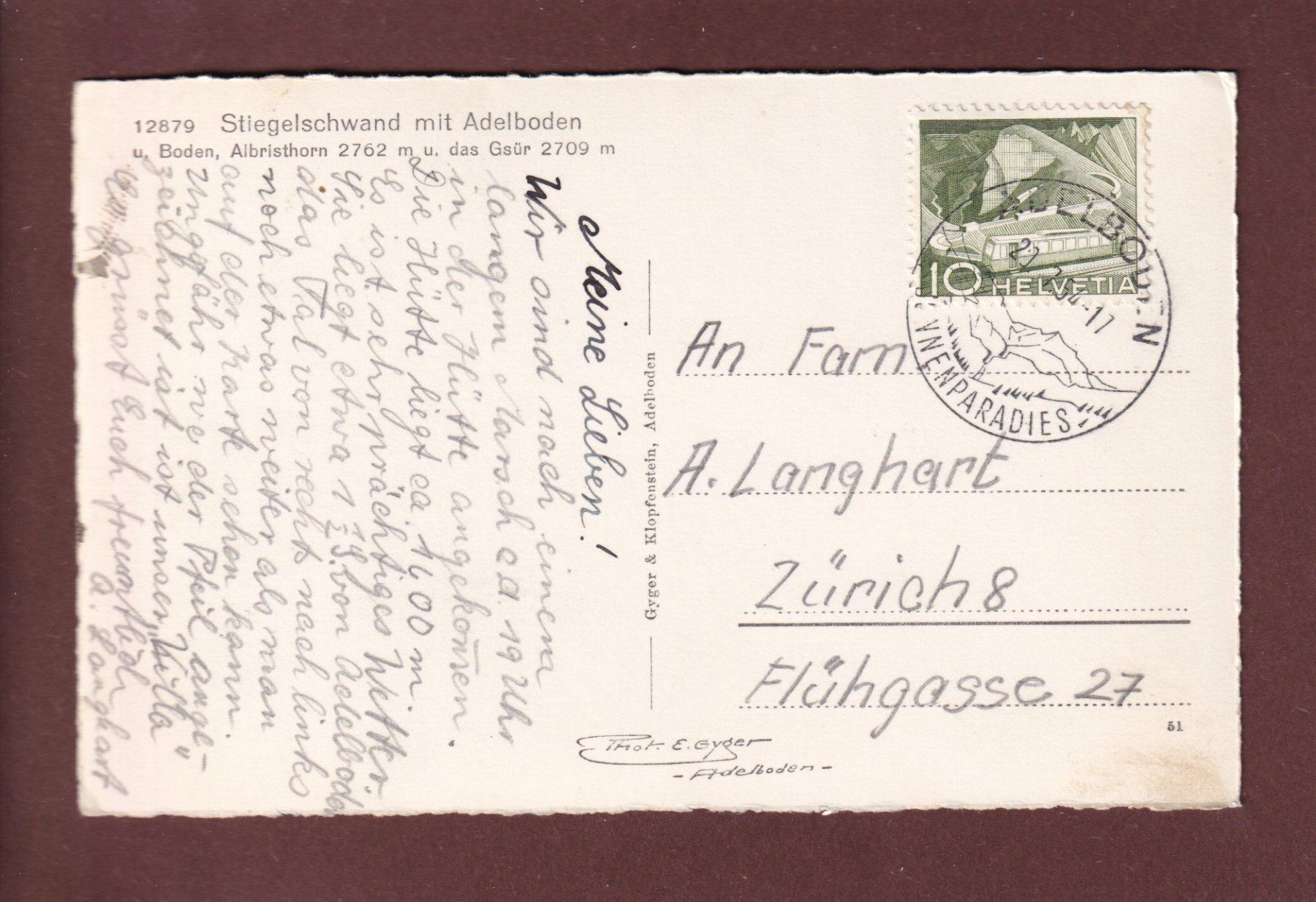 Cartoline postali: STIEGELSCHWAND mit Adelboden - 1954 – Usato da Pully venduto da nicecards 1