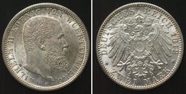 WÜRTTEMBERG 2 Mark 1912 F, WILHELM II. Silber prägefrisch
