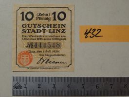 10 Pfennig Gutschein Stadt Linz 1. Juli 1920