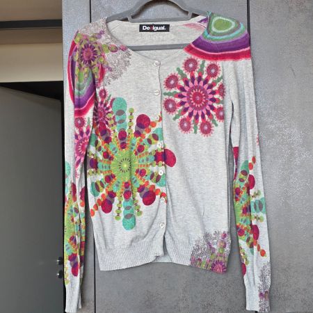 🐸 DESIGUAL STRICKJACKE CARDIGAN L WEISS BUNT JÄCKLI JÄGGLI