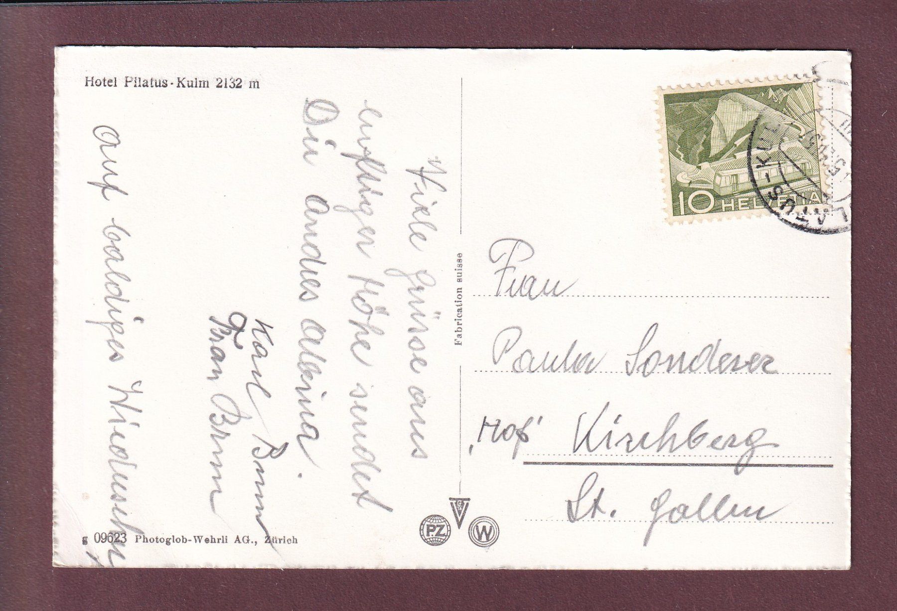 Cartoline postali: Hotel PILATUS-KULM - 1957 – Usato da Pully venduto da nicecards 1