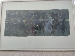 Original Lithographie von Hans Erni - Pferde im Stall 