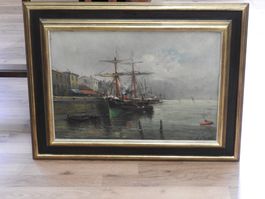 Oelbild signiert : Segelschiff im Hafen