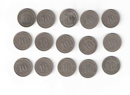 15 alte 10 Pfennigmünzen Deutsches Reich