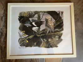 Robert HAINARD. Chevêche et pie. Bois gravé