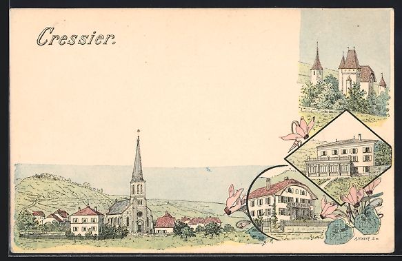 Cartes postales: Litho Cressier, Ortsansicht, Kirche – D'occasion à Berlin par bartko-reher