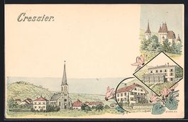Litho Cressier, Ortsansicht, Kirche
