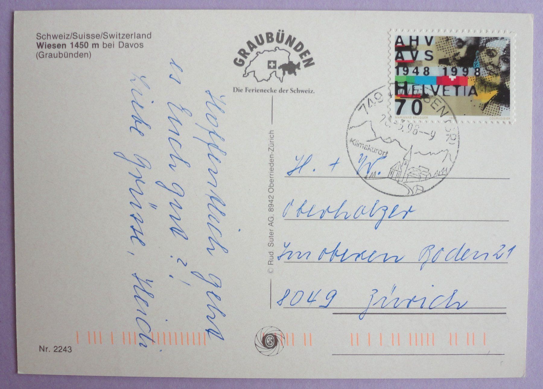 Cartoline postali: Wiesen 1450 m bei Davos – Usato da Fétigny venduto da Billy2miny 1