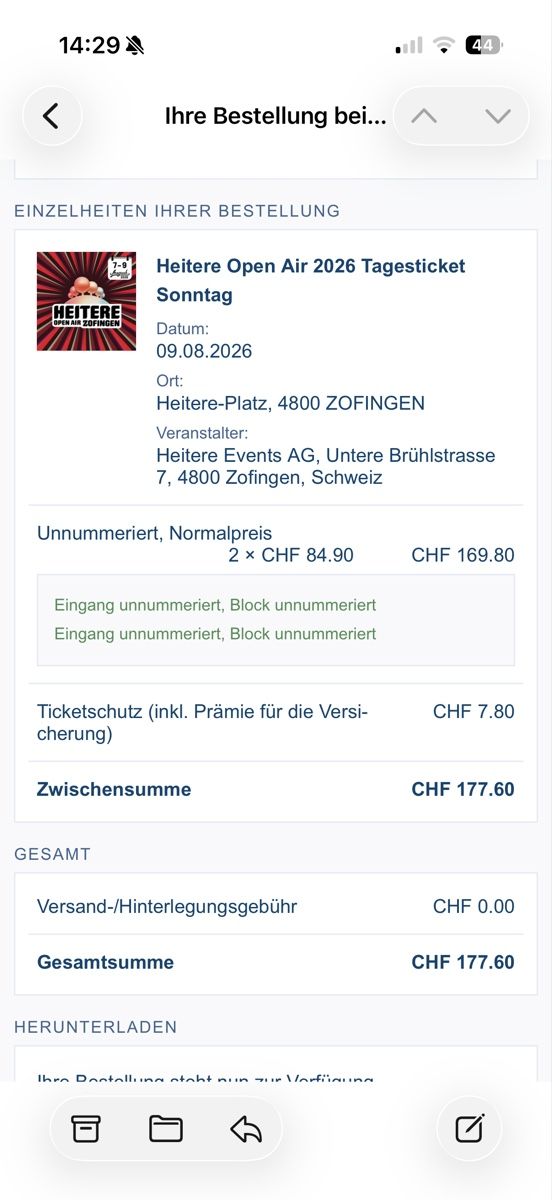 Tickets: 2 Tagesticket Heitere Openair Sonntag 9.8.26 – Neu und originalverpackt aus Rickenbach LU von creegoo